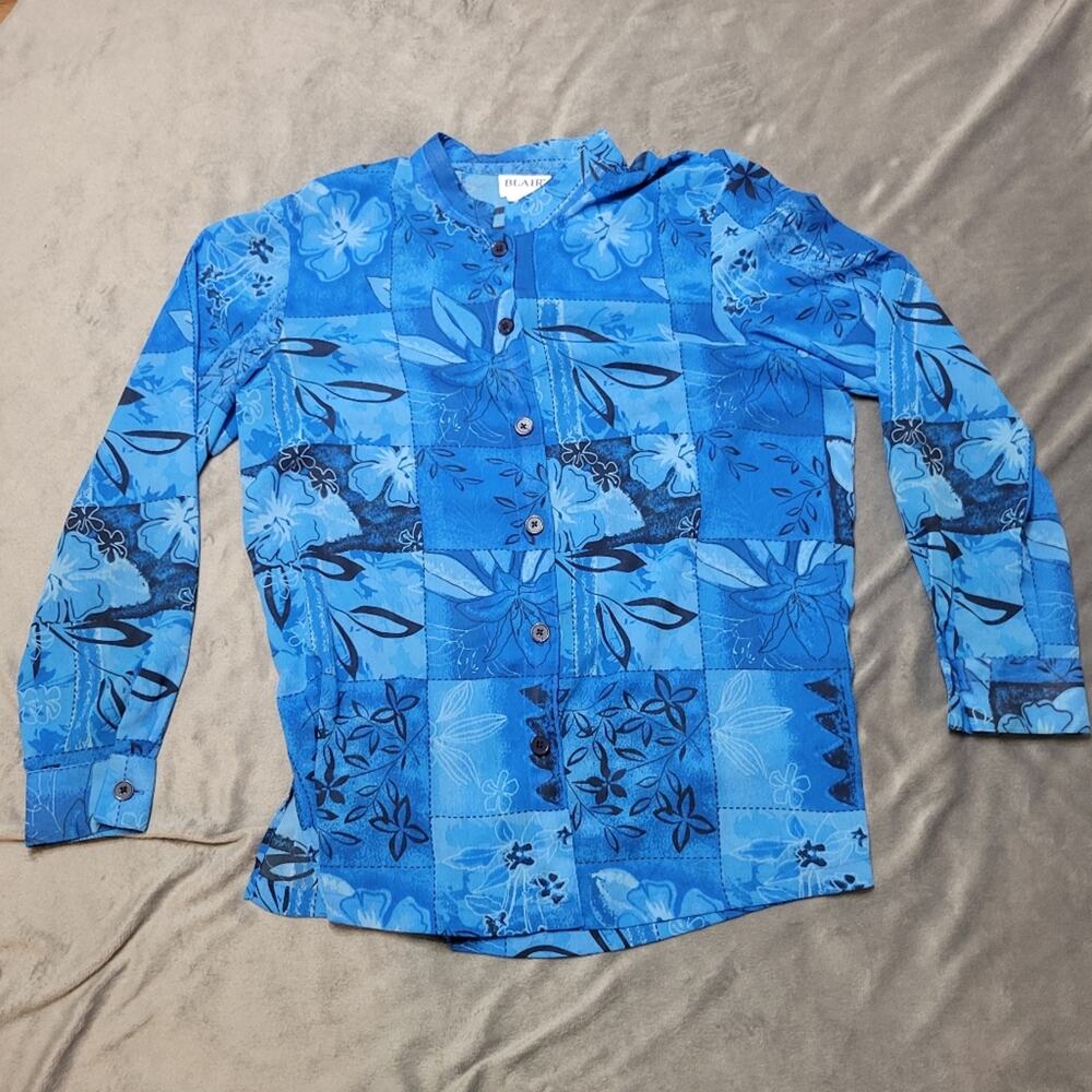 Vintage Blair Shirt Womens Extra Large Blue Black Button Down Size Tag Cut Light